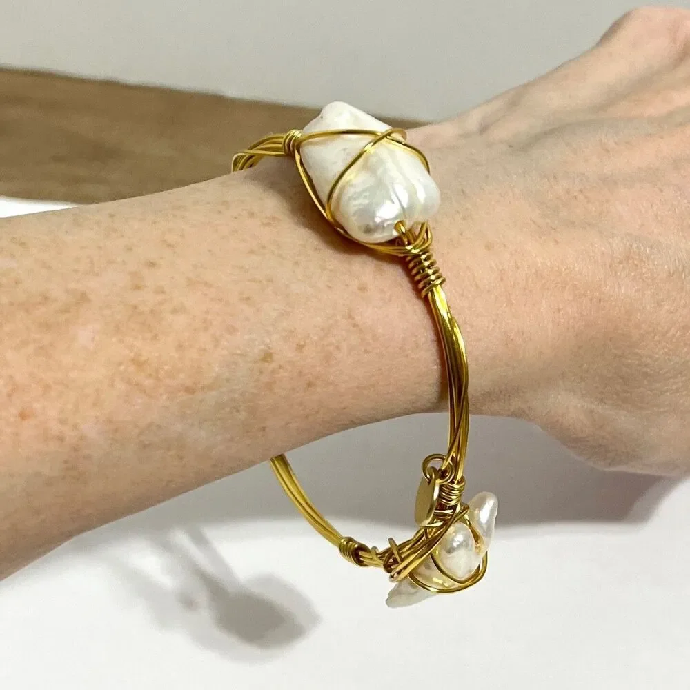 Wire Caged Chunky Pearl Bangle Bracelet Gold Tone Coastal Beach Handcrafted Art